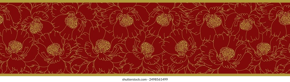 peony seamless border, background with large peonies, roses. vector illustration with flowers and leaves on a dark red background