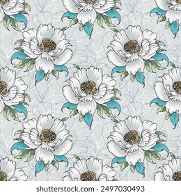 peony seamless layered background with large peonies, roses. vector illustration with white flowers and leaves on a light gray background