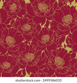 peony seamless layered background with large peonies, roses. vector illustration in red and gold tones with flowers and leaves on a dark red background