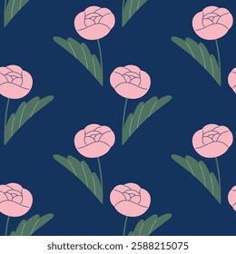 Peony seamless pattern. Flower of Pink peony on dark blue background. Doodle style. Hand drawn Vector texture. Fabric design. Flat design