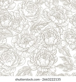 Peony seamless pattern. Hand drawn beautiful peonies on white background. Vector illustration.