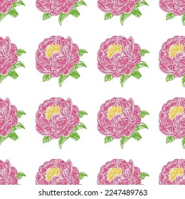 Peony seamless pattern. Pen or marker flowers sketch. Floral vector illustrations. Hand drawn natural pencil drawing