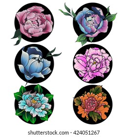 Peony Set Colorful Sketch Traditional Tattoo