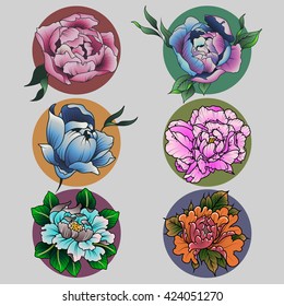 Peony Set Colorful Sketch Traditional Tattoo