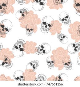 peony and skulls seamless pattern