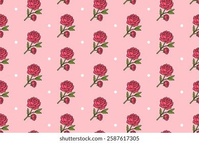 peony sprig flower with dot colorful seamless pattern on pink background. stem of peony doodle illustration pattern background. peony flower sprigs background for florist decor and merchandise