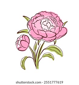 Peony spring flower in a flat style with green petals. Ideal for botanical design, wallpaper decor, textile and spring art. Isolated on white background.