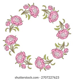 Peony spring flower wreath in a flat style. Ideal for botanical design, greeting card, textile and spring art isolated on white background.