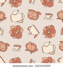 Peony Tea Party Pattern Vector Illustration Seamless for Background Wallpaper Packaging Cover