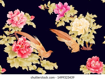 Peony tree branch with flowers with pheasants in the style of Chinese painting on silk Seamless pattern, background. Colored vector illustration. On black, dark blue background	