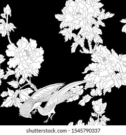 Peony tree branch with flowers with pheasants in the style of Chinese painting on silk. Seamless pattern, background. Vector illustration. Outline hand drawing. On sky blue background..