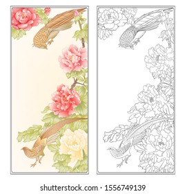 Peony tree branch with flowers with pheasants in the style of Chinese painting on silk Coloring page for theadult coloring book. with colored sample. Outline hand drawing vector illustration..