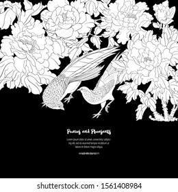 Peony tree branch with flowers with pheasants in the style of Chinese painting on silk Template for invitation, greeting card, gift voucher, label. Black and white graphics. Vector illustration