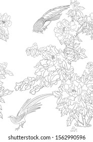 Peony tree branch with flowers with pheasants in the style of Chinese painting on silk Seamless pattern, background. Outline hand drawing vector illustration..