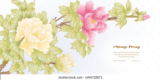 Peony tree branch with flowers in the style of Chinese painting on silk Template for wedding invitation, greeting card, banner, gift voucher, label. Colored vector illustration.	