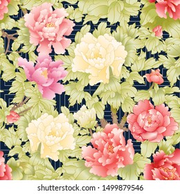 Peony tree branch with flowers in the style of Chinese painting on silk with Imitation of traditional Japanese embroidery Sashiko.  Seamless pattern, background. Colored vector illustration. 