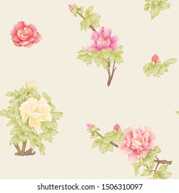 Peony tree branch with flowers in the style of Chinese painting on silk Seamless pattern, background. Colored vector illustration. On soft yellow background.	