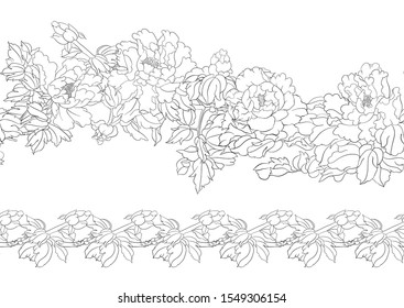 Peony tree branch with flowers in the style of Chinese painting on silk Seamless pattern, background. Outline hand drawing vector illustration..