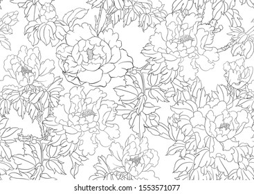Peony tree branch with flowers in the style of Chinese painting on silk Seamless pattern, background. Outline hand drawing vector illustration..