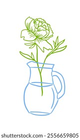 Peony in a vase in one line. hand drawing. Not AI, Vector illustration.