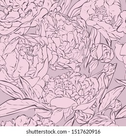 Peony. Vector freehand drawing of peony flowers. Seamless pattern