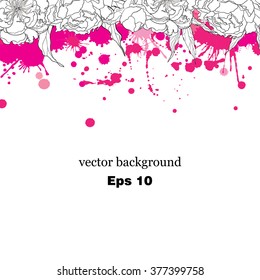 Peony vector  spring flowers with leaves, flower bud, and paint splashes. Hand drawn illustration. Floral colorful spring background