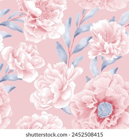 Peony watercolor seamless pattern,design wallpaper peony watercolor flower delicate illustration leaf background seamless greeting.