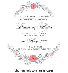 Peony Wedding Invitation Card Template Floral Bridal Wreath Bouquet with violet flowers, peony eucalyptus branches, vector illustration in vintage watercolor