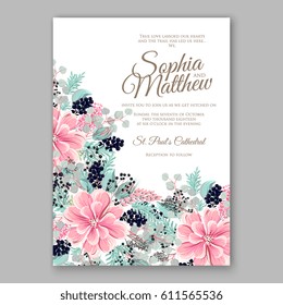  Peony Wedding Invitation Floral Bridal Wreath chrysanthemum flower Anemone, wild privet berry, currant berry vector floral illustration in vintage watercolor style