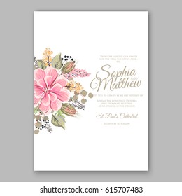  Peony Wedding Invitation Floral Bridal Wreath chrysanthemum flower Anemone, wild privet berry, currant berry vector floral illustration in vintage watercolor style