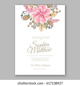  Peony Wedding Invitation Floral Bridal Wreath chrysanthemum flower Anemone, wild privet berry, currant berry vector floral illustration in vintage watercolor style