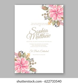  Peony Wedding Invitation Floral Bridal Wreath chrysanthemum flower Anemone, privet berry, currant berry vector illustration watercolor style Romantic invitation marriage, birthday, Valentine's day.