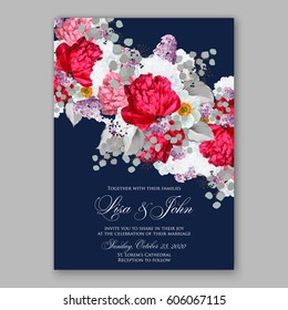 Peony wedding invitation. Red spring flowers Lilac, narcissus, eucalyptus branches