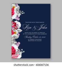 Peony wedding invitation. Red spring flowers Lilac, narcissus, eucalyptus branches