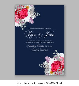Peony wedding invitation. Red spring flowers Lilac, narcissus, eucalyptus branches
