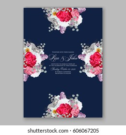 Peony wedding invitation. Red spring flowers Lilac, narcissus, eucalyptus branches