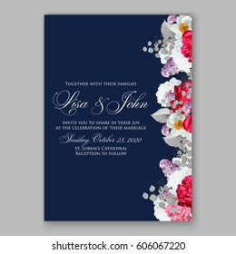 Peony wedding invitation. Red spring flowers Lilac, narcissus, eucalyptus branches