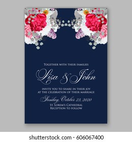 Peony wedding invitation. Red spring flowers Lilac, narcissus, eucalyptus branches
