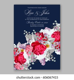 Peony wedding invitation. Red spring flowers Lilac, narcissus, eucalyptus branches