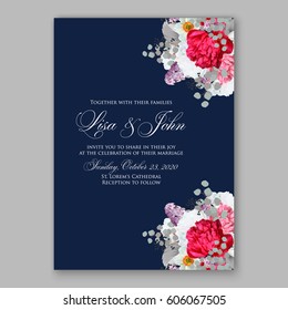 Peony wedding invitation. Red spring flowers Lilac, narcissus, eucalyptus branches