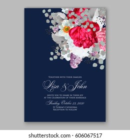 Peony wedding invitation. Red spring flowers Lilac, narcissus, eucalyptus branches