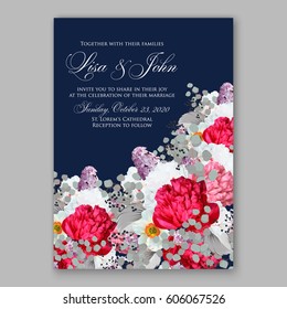 Peony wedding invitation. Red spring flowers Lilac, narcissus, eucalyptus branches