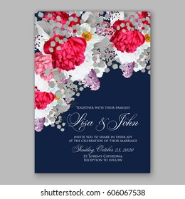 Peony wedding invitation. Red spring flowers Lilac, narcissus, eucalyptus branches