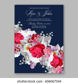 Peony wedding invitation. Red spring flowers Lilac, narcissus, eucalyptus branches