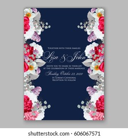 Peony wedding invitation. Red spring flowers Lilac, narcissus, eucalyptus branches
