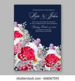 Peony wedding invitation. Red spring flowers Lilac, narcissus, eucalyptus branches