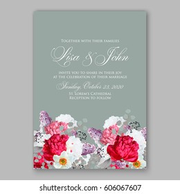 Peony wedding invitation. Red spring flowers Lilac, narcissus, eucalyptus branches