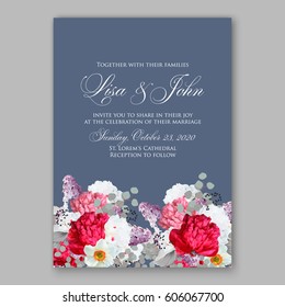 Peony wedding invitation. Red spring flowers Lilac, narcissus, eucalyptus branches