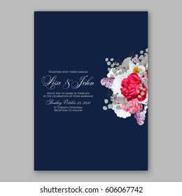 Peony wedding invitation. Red spring flowers Lilac, narcissus, eucalyptus branches