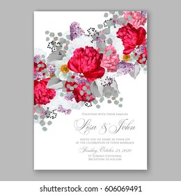 Peony wedding invitation. Red spring flowers Lilac, narcissus, eucalyptus branches